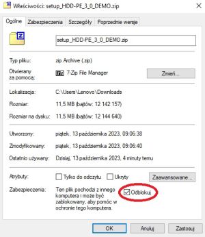 Po pobraniu wersji demonstracyjnej, należy w Eksploatorze Plików kliknąć na niej prawym przyciskiem myszki, wybrać Właściwości i zaznaczyć pole Odblokuj.